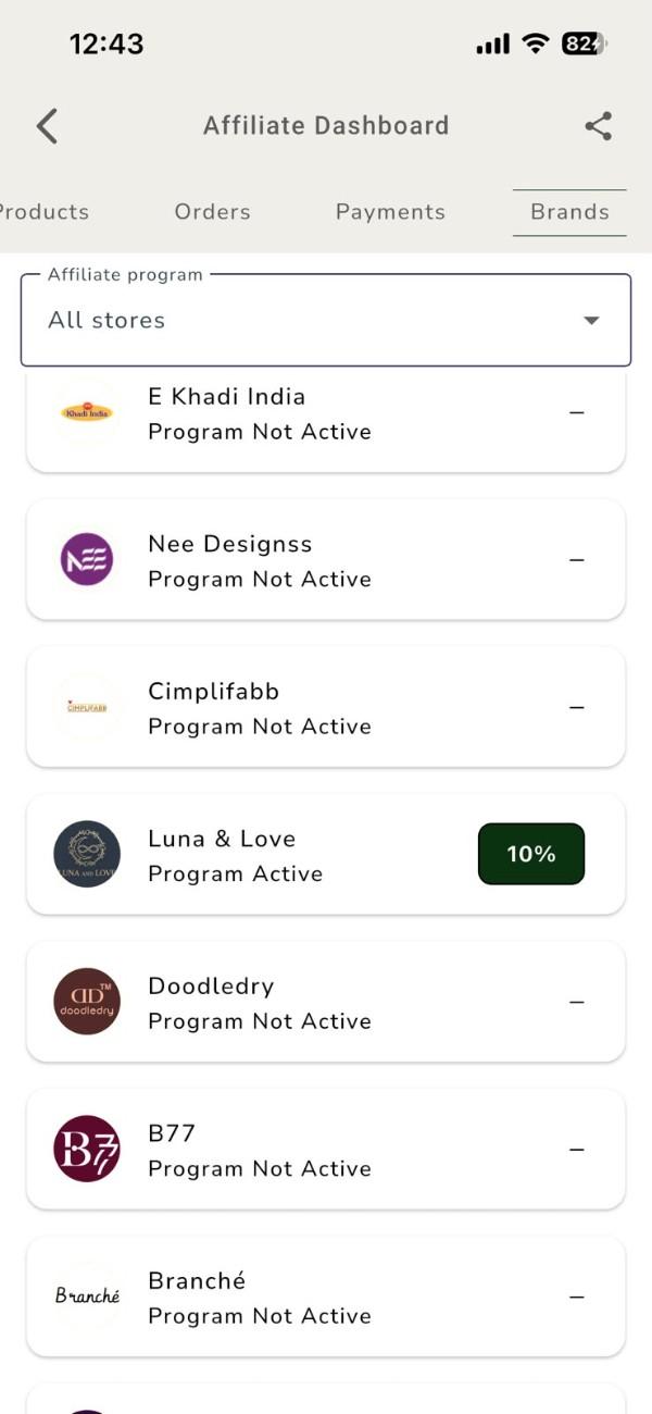 Shopdibz Creator Dashboard showing participating brands and their commission rates